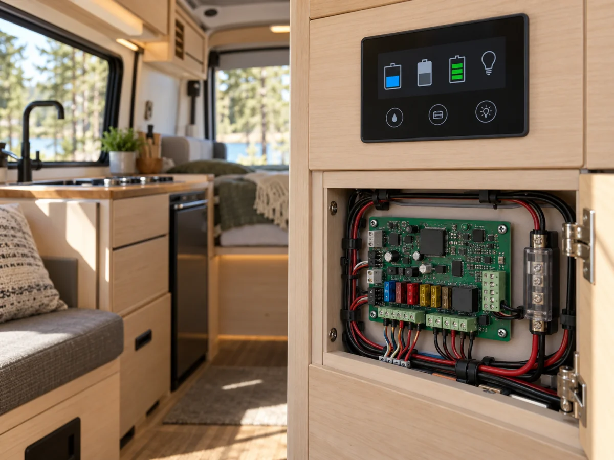 Karavanın yaşam alanındaki özel kontrol paneli ve muhafazası içinde elektronik kontrol kartı