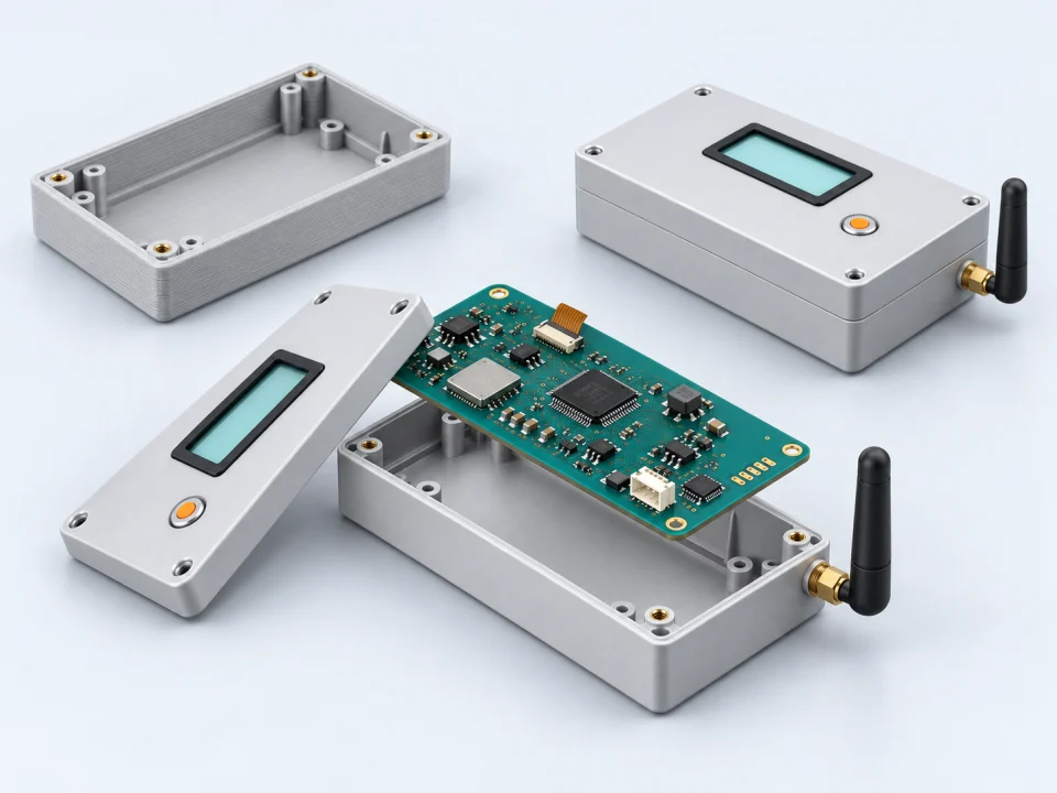 LCD ekranlı, Wi-Fi antenli elektronik cihazın gövde, PCB ve kapak parçalarıyla prototipten üretime geliştirilmesi