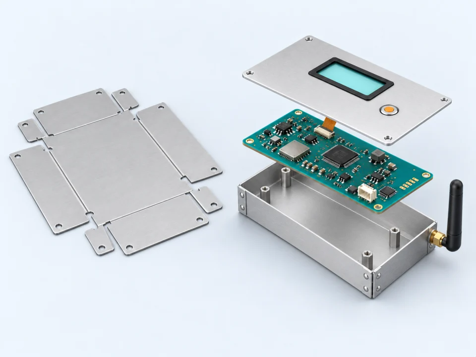 Elektronik kart ve LCD ekran için kesilmiş sac açınımı, abkant bükülmüş cihaz gövdesi ve montaj parçaları