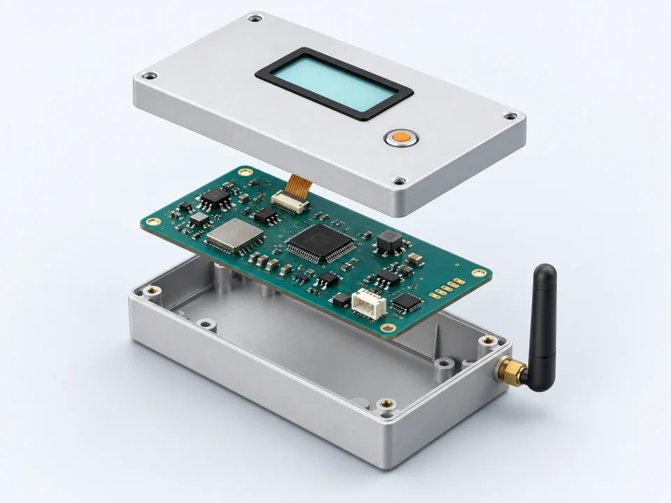 Alt kutu, ortada elektronik PCB, LCD ekranlı üst kapak ve küçük Wi-Fi antenini katmanlar halinde gösteren gerçekçi 3D ürün geliştirme görseli