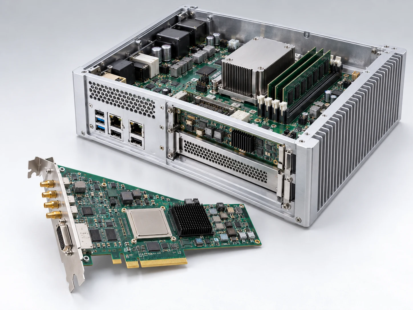Açık alüminyum endüstriyel bilgisayar kasasında işlemci soğutucusu, DIMM bellekler ve yanında özel PCIe elektronik kart