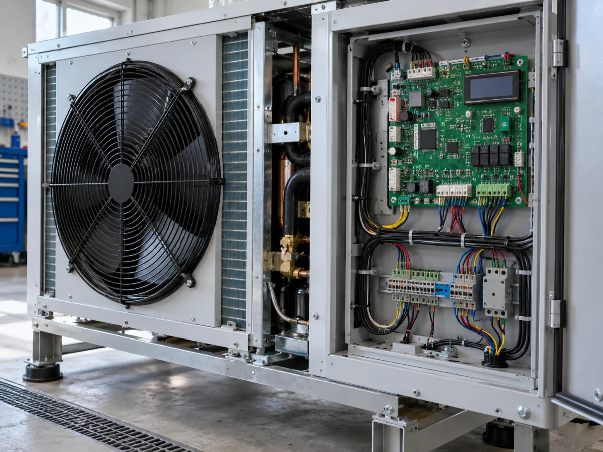 HVAC cihazının servis kabininde sensör ve yük bağlantıları bulunan özel elektronik kontrol kartı