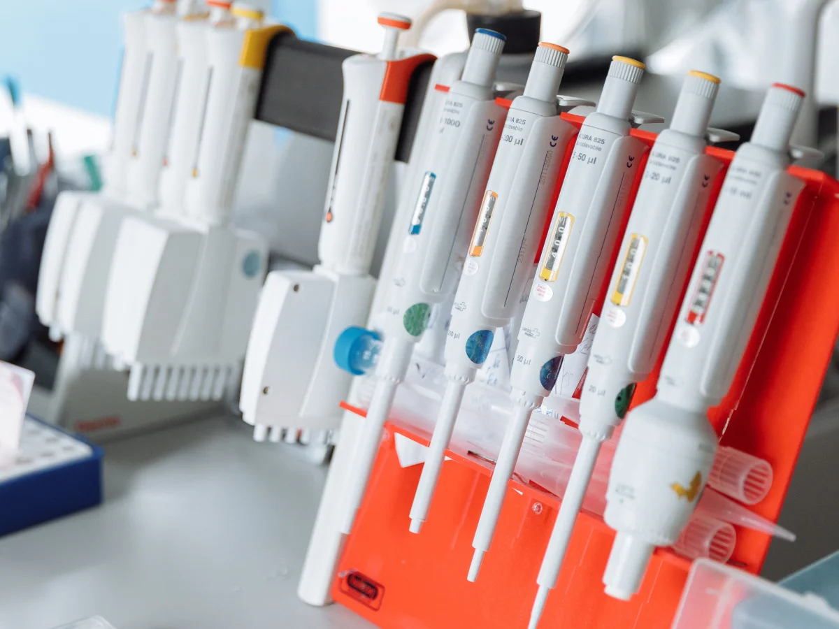 Laboratuvar tezgâhındaki standlarda sıralanan pipetler