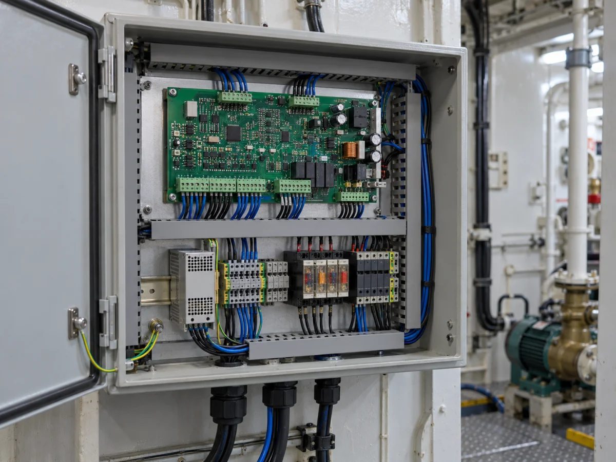 Ticari geminin makine dairesinde özel elektronik kart ve sensör bağlantıları bulunan yardımcı kontrol panosu