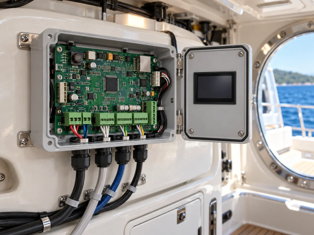 Yatın servis bölmesinde bağlantı terminalleri ve özel elektronik kart bulunan açık muhafaza