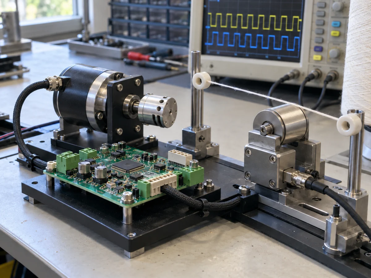 İplik kılavuzları ve döner algılayıcılarla birlikte sınanan tekstil kontrol kartı prototipi