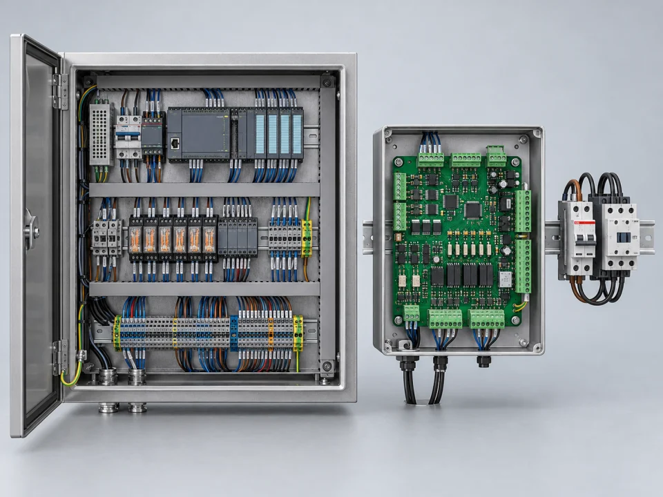PLC, röle ve klemens içeren makine panosundaki uygun kontrol işlevlerinin özel elektronik kartta birleştirilmesini gösteren 3D görsel