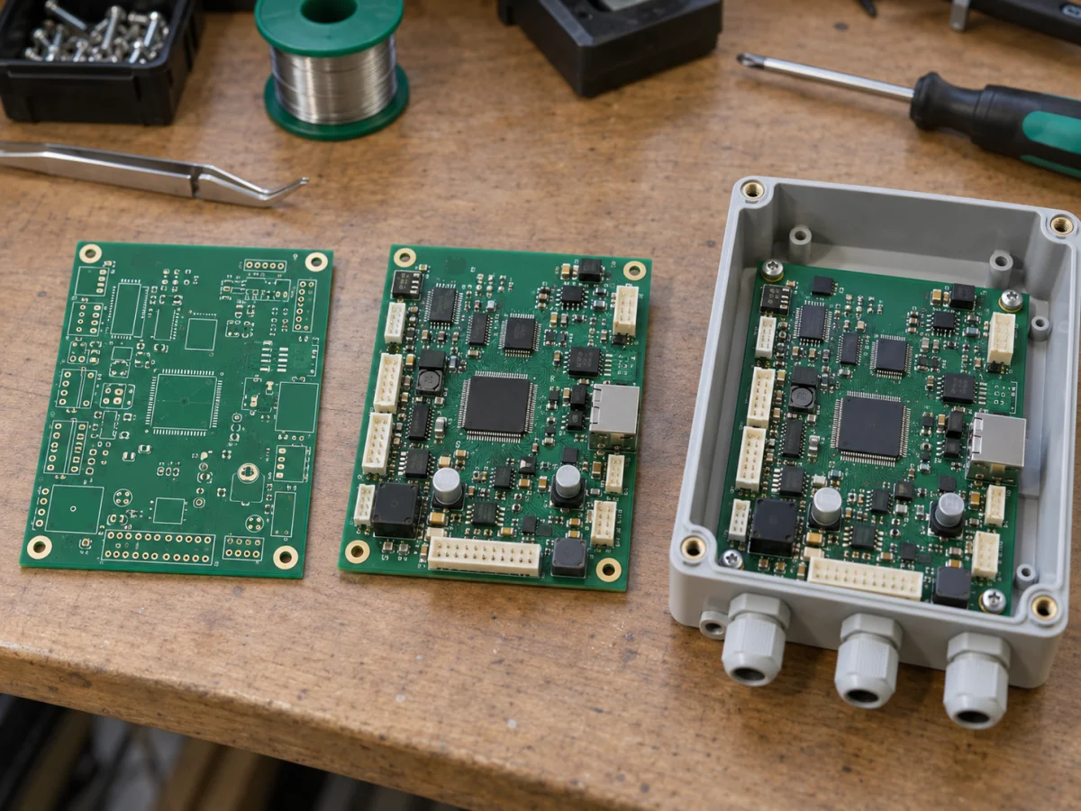 Özel elektronik projenin çıplak PCB, komponentleri dizilmiş kart ve muhafazalı prototip aşamaları