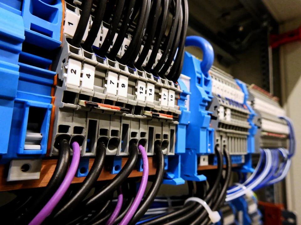 Enerji ve kontrol panosunda DIN ray klemensleri ve güç kabloları