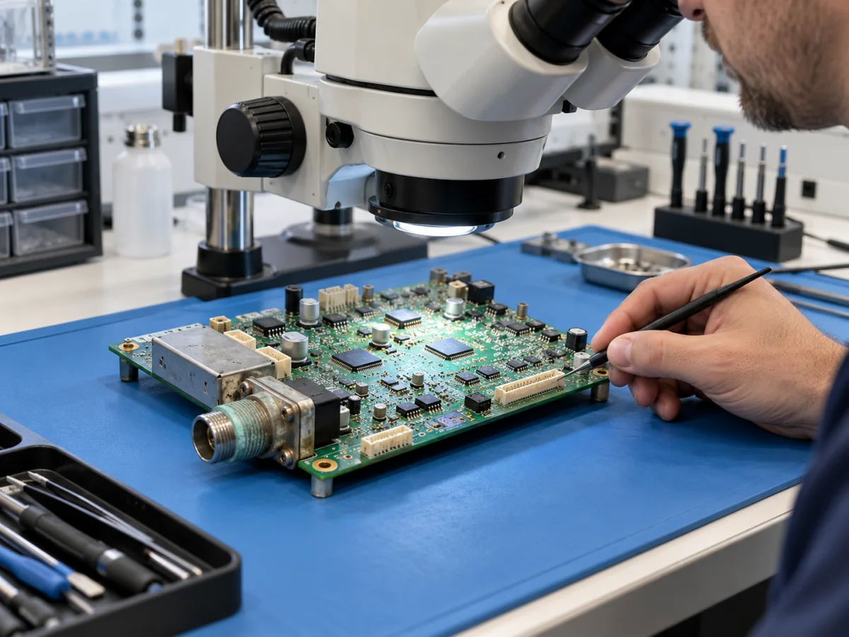 Enerjisi kesilmiş deniz radarı elektronik kartında bağlantıların yakından incelenmesi