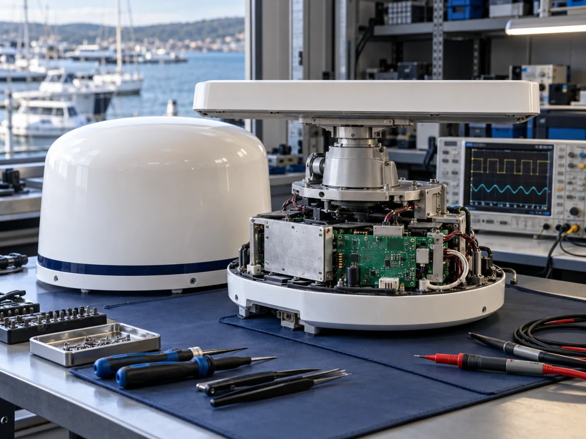 Deniz radarı cihazı ve elektronik inceleme ekipmanları bulunan servis tezgâhı
