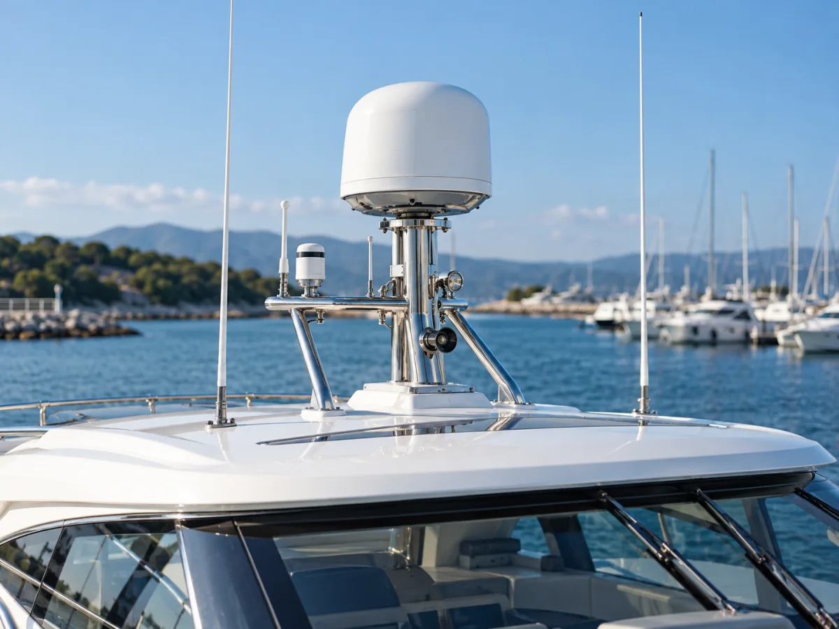 Marinadaki motor yatın köprüüstü üzerine monte edilmiş kapalı radom tipinde deniz radarı anteni