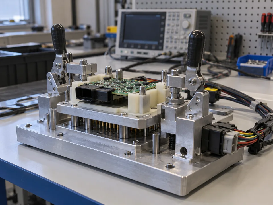 Otomotiv elektronik modülünü konumlandıran kelepçeli fonksiyon test fikstürünün temsili uygulaması