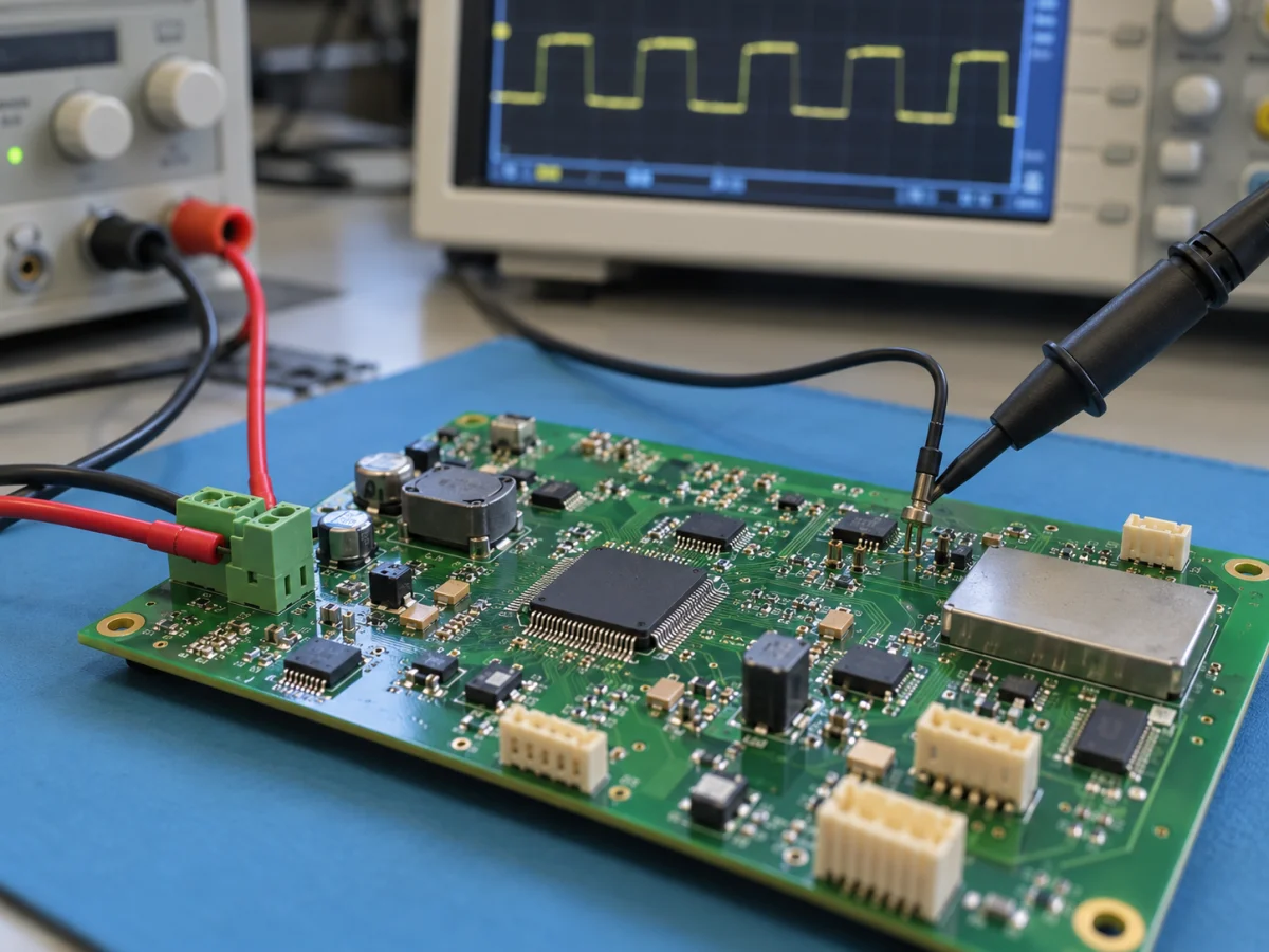 Özel PCB prototipinin test noktaları, besleme bağlantıları ve ölçüm probuyla elektronik doğrulaması
