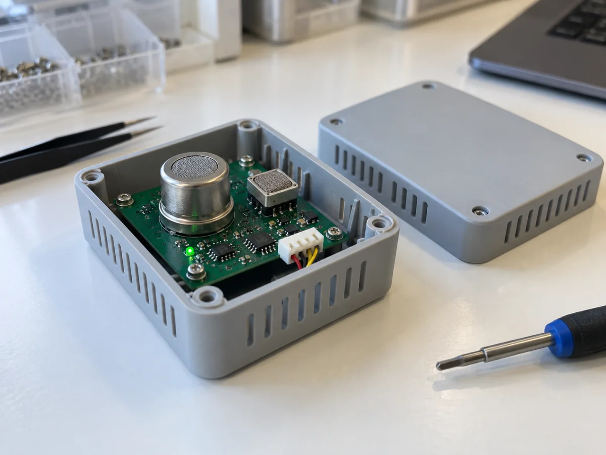 Sensor head, custom electronic circuit board and housing with ventilation openings in the gas detection prototype