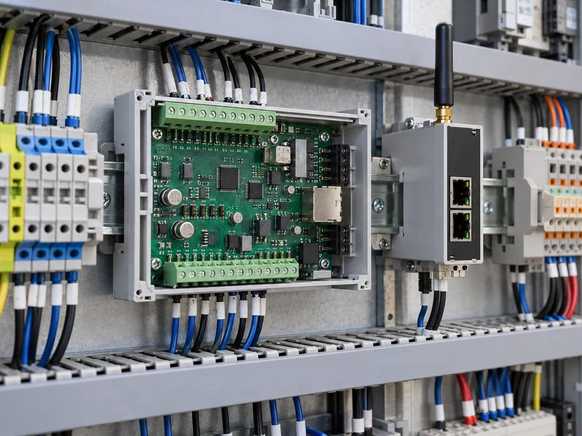 Terminal and sensor connections on a custom DIN-rail-mounted interface board