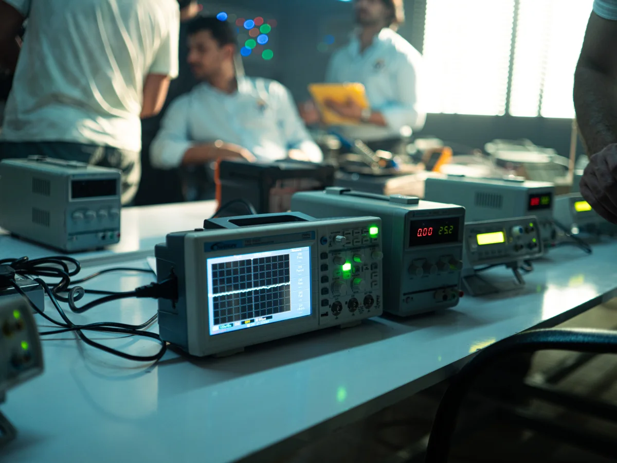 Measuring table with oscilloscope and power supplies in electronics laboratory