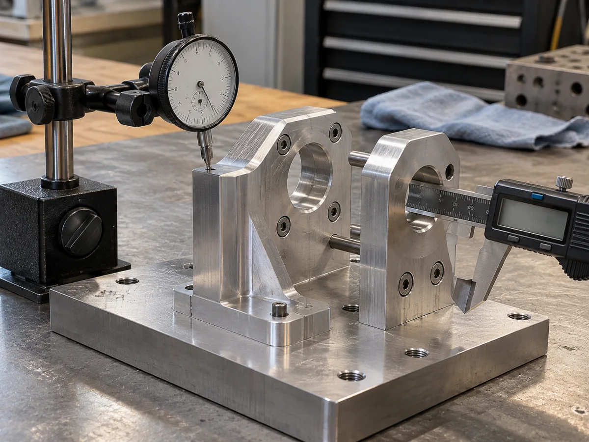 Pr&uuml;fung der Montagepassung bearbeiteter mechanischer Bauteile mit Messschieber und Messuhr