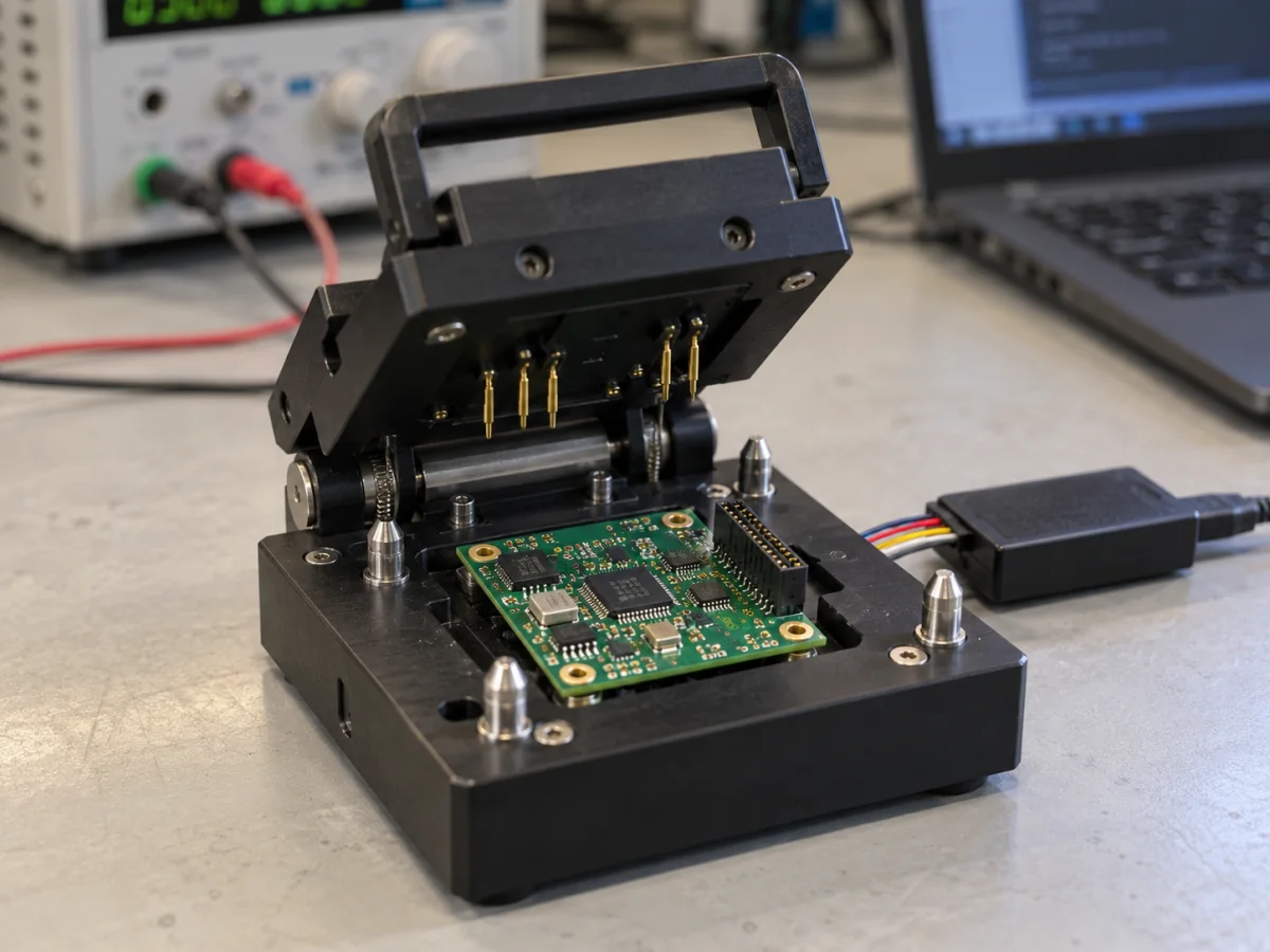 Pr&uuml;fvorrichtung und Anschl&uuml;sse f&uuml;r die kontrollierte Versorgung einer best&uuml;ckten kundenspezifischen PCB-Musterplatine