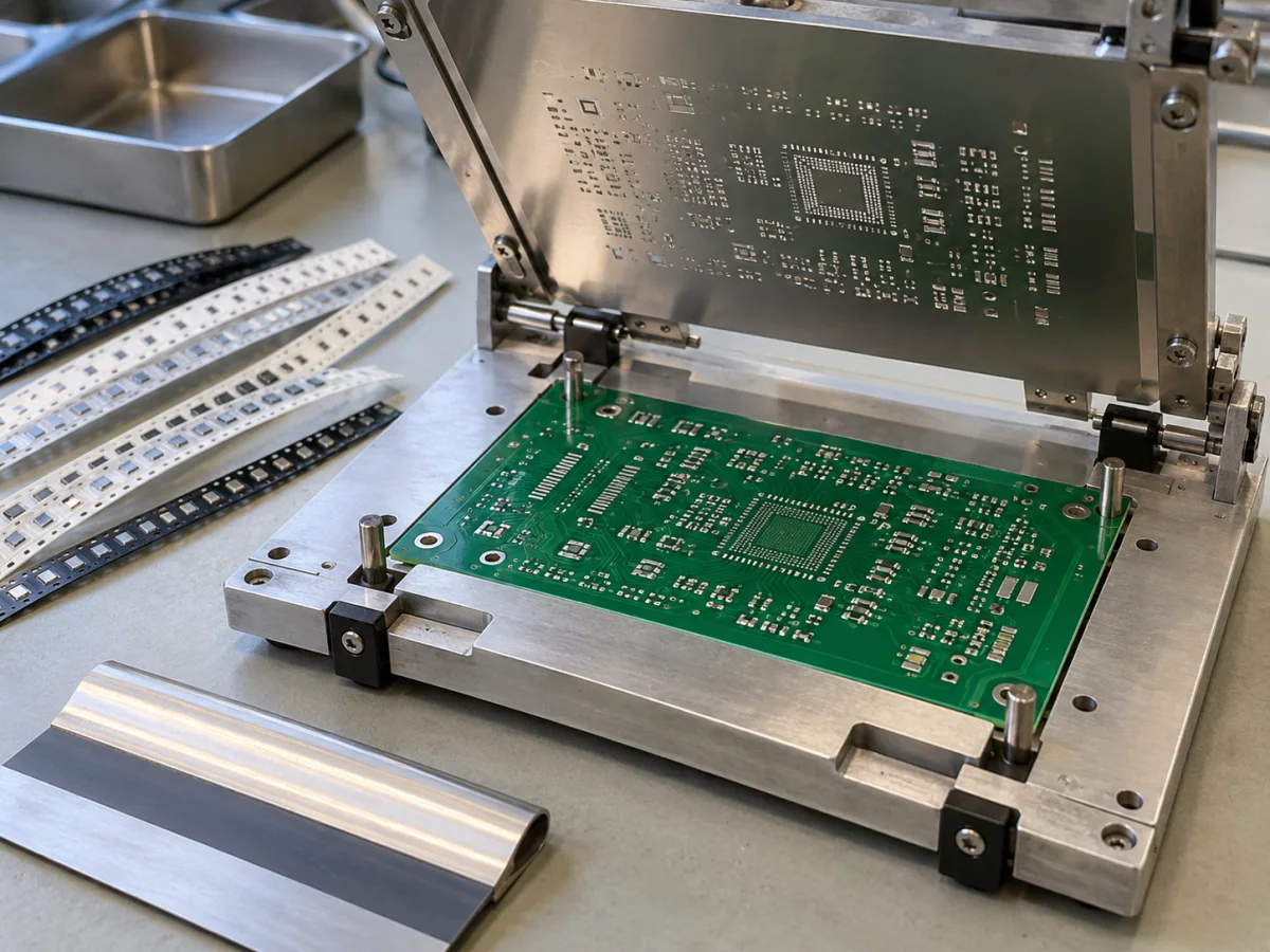 Metallschablone, Komponenten und Vorbereitung der Best&uuml;ckung f&uuml;r eine Projekt-Musterplatine