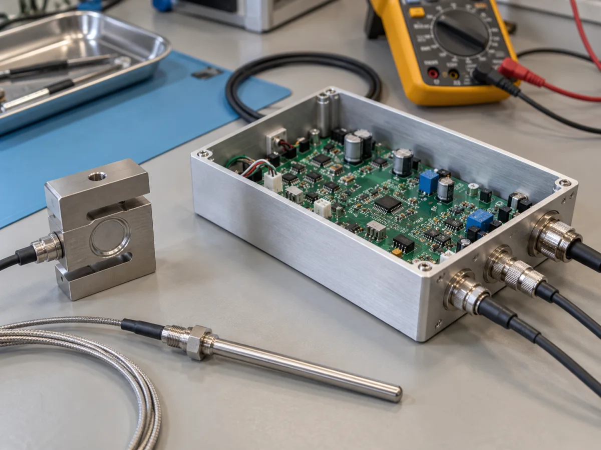 Desktop-Prototyp einer benutzerdefinierten analogen Messplatine, verbunden mit W&auml;gezelle und Temperaturf&uuml;hler
