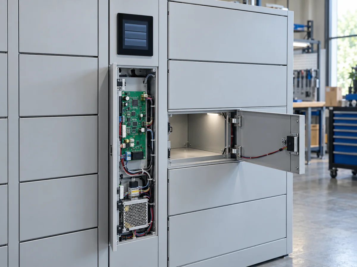 Akıllı dolabın iç servis bölümünde özel PCB kontrol kartı, kilit modülü ve kapı sensörü bağlantıları